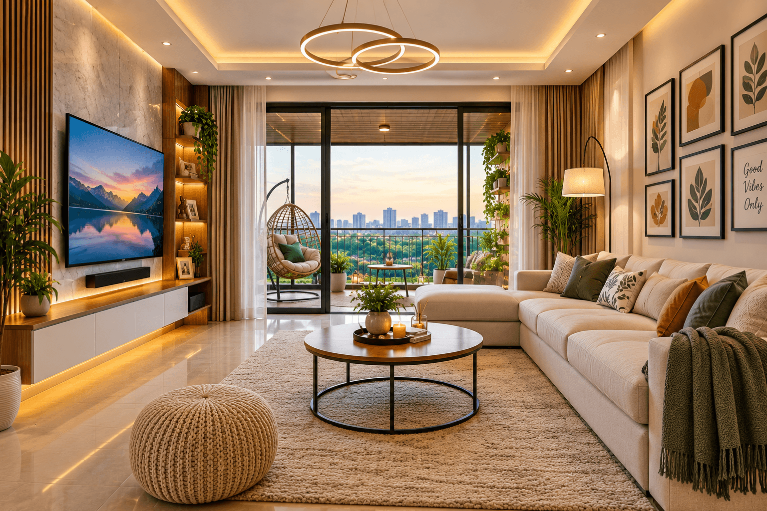 Living room layout with warm lighting and stylish seating