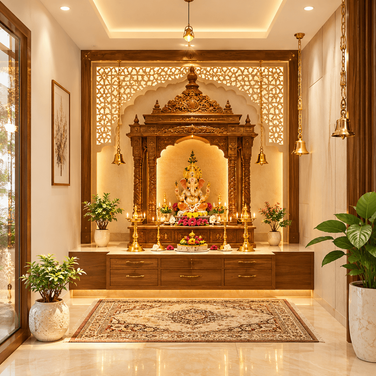 Luxury pooja room and mandir interior design with carved wooden temple, marble finishes and warm lighting